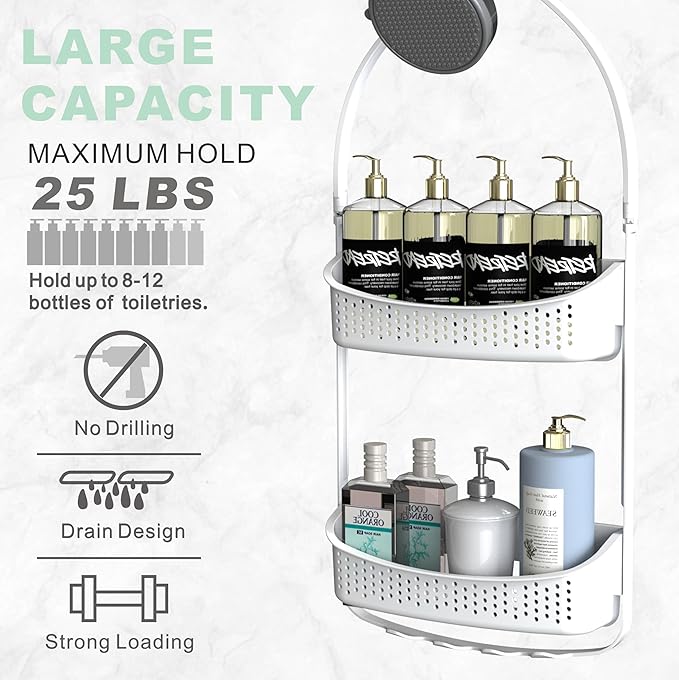 Shower Caddy Hanging; Anti-Swing shower basket over Showerhead with Suction Cups; Never rust Bathroom Organizer, Multiple Hanging Modes Shelf with hooks,White