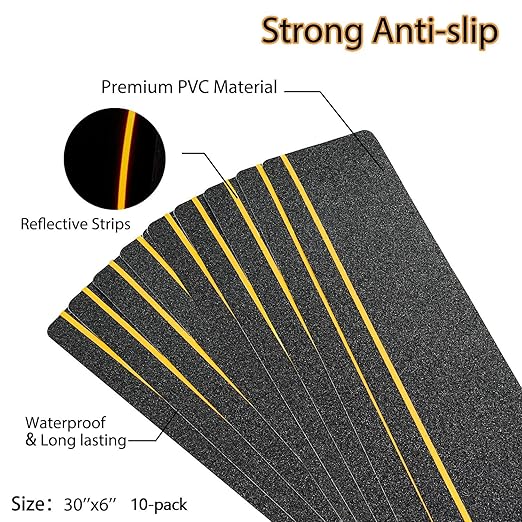 COSIMIXO 6" x 30" 10Pack Anti Slip Stair Tread with Reflective Strips,Best Grip Non Skid Tape,Anti-Skid Tape, High Traction Adhesive for Stairs Step
