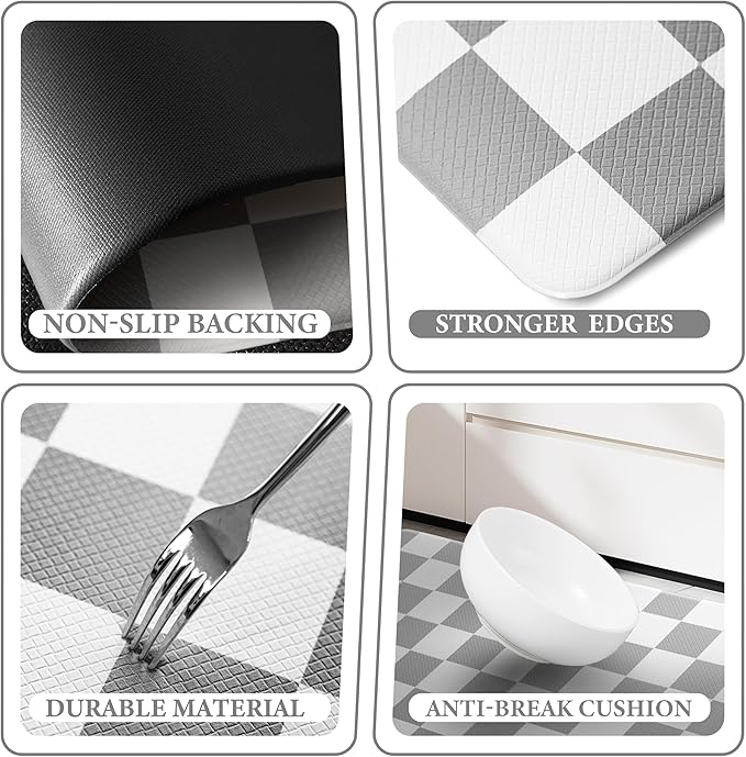 Grey Checkered Grid Checkerboard Kitchen Rug Sets [2 PCs], Anti-Fatigue, Waterproof Non-Slip Kitchen Mats Heavy Duty Ergonomic Comfort Foam Rug for Floor, Home, Laundry,17"x29"+17"x47"