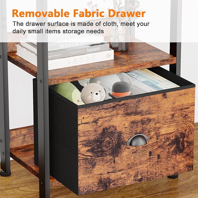 Furologee 4 Tier Bookshelf with Drawer, Tall Bookcase with Shelves, Narrow Bookshelves Storage Organizer, Wood and Metal Display Standing Shelf Unit for Bedroom, Living Room, Rustic Brown