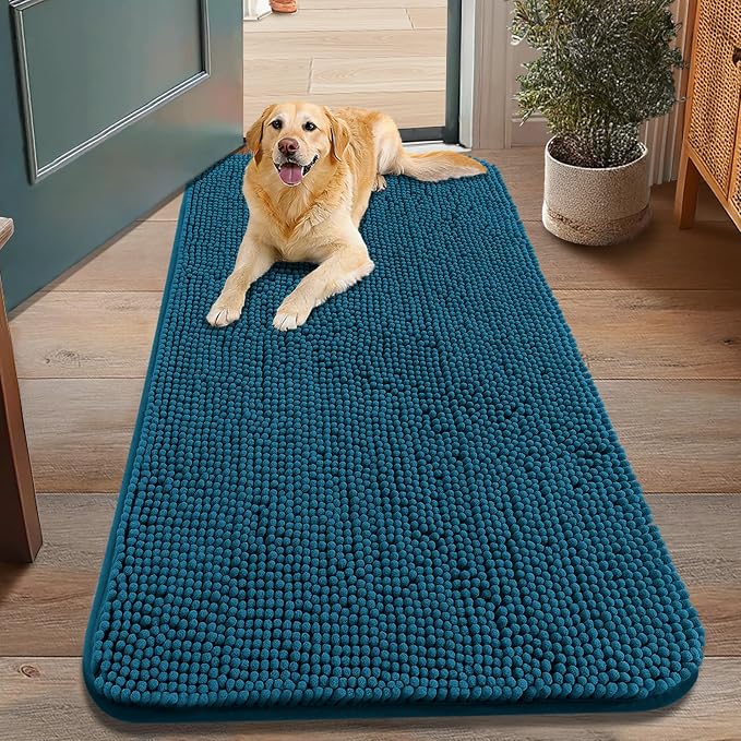 Smiry Dog Door Mat for Muddy Paws 48x30, Absorbent Dirt Trapper, Non-Slip Washable Chenille Entryway Rug for Inside Floor, Atlantic Blue, Classic Solid