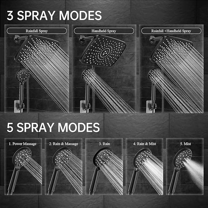 Veken 11.8 Inch Rain Shower Head with Handheld- High Pressure Dual Shower Heads with 5 Modes Hand held Spray Combo- Wide Rainfall Showerhead with Hose, Bathroom Accessories, Matte Black