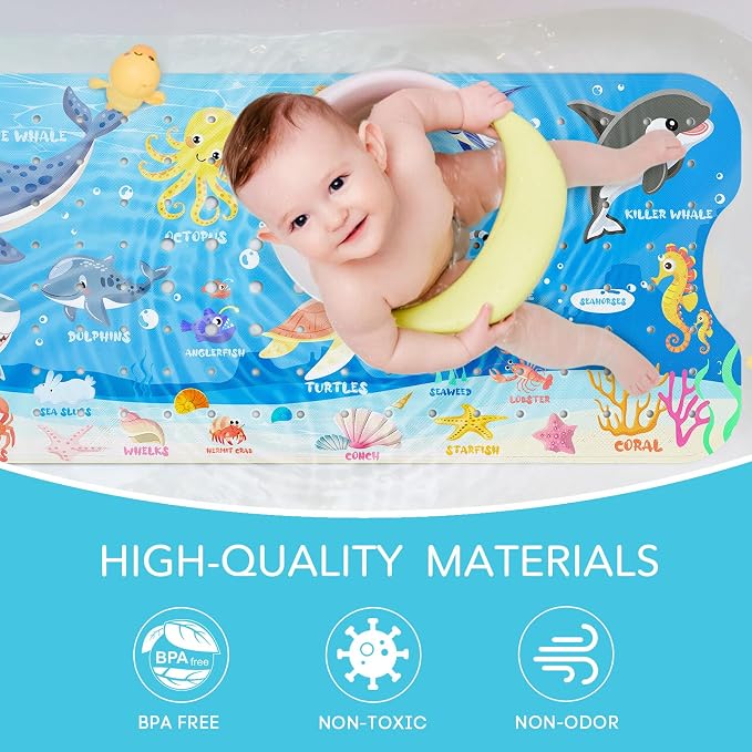SHUCHING Ocean Animals Bath Mat for Tub Non Slip-40 X 16 Inch, Bathtub Mat Non Slip for Baby Kids, Toddler Long Shower Mat for Bathroom
