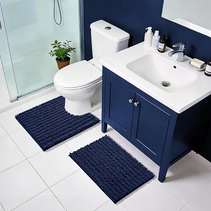 Yimobra Bathroom Rugs Non Slip Washable - Ultra Soft Absorbent Chenille Bath Mat, Quick Dry Shaggy Floor Carpet for Tub Shower, Navy Blue Home Decor Accessories, 24x17 Inch
