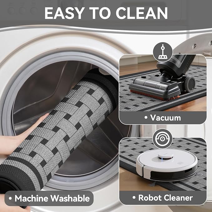 Kitchen Mats for Floor, 17''x59'' Washable Absorbent Non Slip Kitchen Mat, Braided Kitchen Runner Rug, Kitchen Sink Rug, Grey