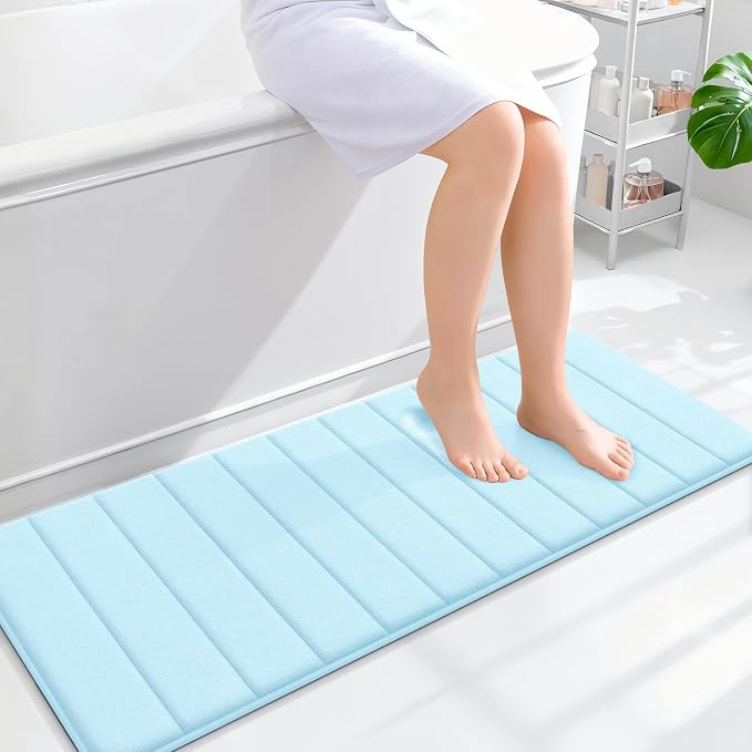 OLANLY Memory Foam Long Bathroom Rugs Runner 47x17, Super Soft Absorbent Bath Mat, Quick Dry, Machine Washable Shower Floor Rugs, Bathmat Carpet, Bathroom Home Decor Accessories, Sky Blue