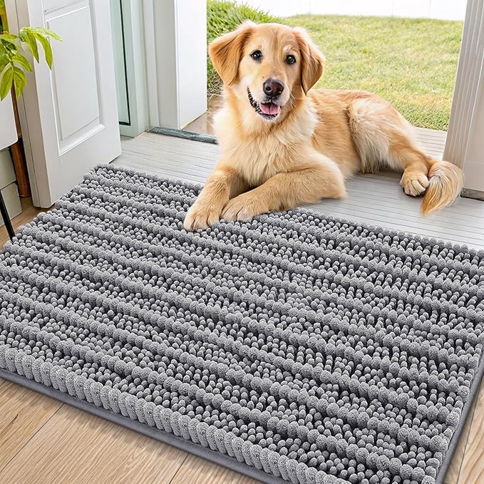 Smiry Dog Door Mat for Muddy Paws 36x24, Absorbent Dirt Trapper, Non-Slip Washable Chenille Entryway Rug for Inside Floor, Grey, Layered Pattern