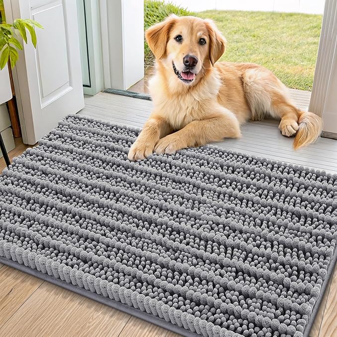 Smiry Dog Door Mat for Muddy Paws 40x24, Absorbent Dirt Trapper, Non-Slip Washable Chenille Entryway Rug for Inside Floor, Grey, Layered Pattern