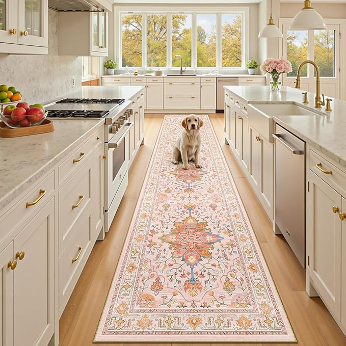 RELEANY Area Rugs Runner 2'x10' Washable Non-Slip, Floral Vintage Distress Medallion Carpet for Kitchen Hallway Bedroom Beside Laundry Room Bathroom, Light Pink Colorful