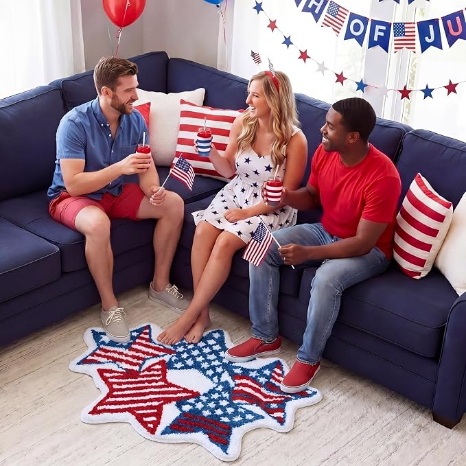 Capoda 1 Pcs Patriotic Bathroom Rug 24 x 35 Inch 4th of July Star Bath Mat Non-Slip Soft Microfiber Independence Day Rug for 4th of July Kitchen Home Bathroom Entrance Decor(Strip Star, Red Blue)