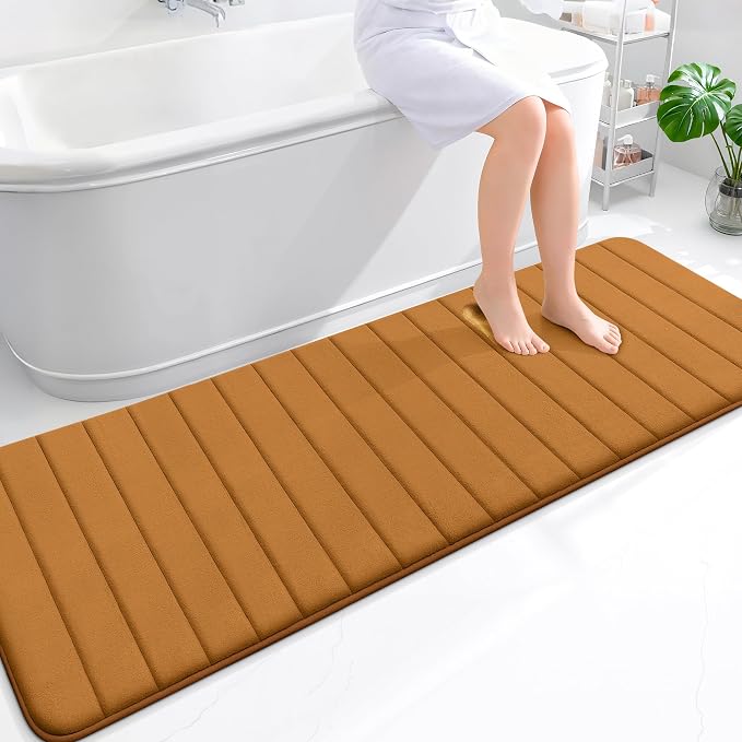 OLANLY Memory Foam Long Bathroom Rugs Runner 70x24, Super Soft Absorbent Bath Mat, Quick Dry, Machine Washable Shower Floor Rugs, Bathmat Carpet, Bathroom Home Decor Accessories, Ochre