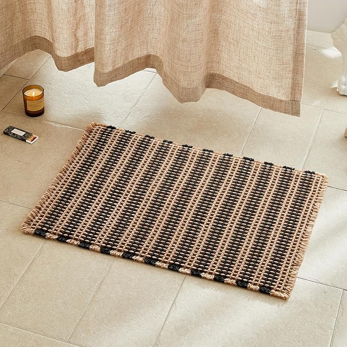 TYUU Waffle Bath Mat, Boho Bathroom Rugs Non Slip Washable Super Absorbent Quick Dry Bath Mat Farmhouse Bathroom Decor, 30"x20" Black and Khaki
