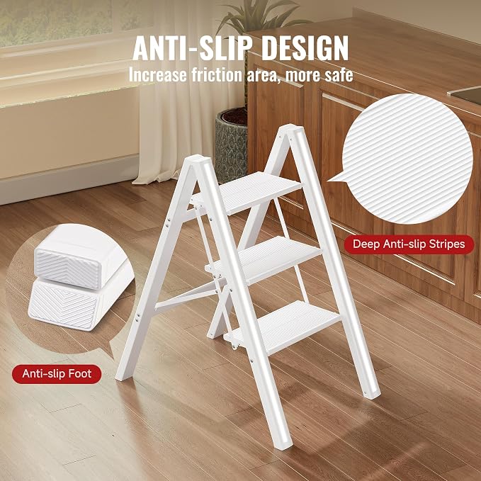 3 Step Ladder, Aluminum Folding Step Stool with Anti-Slip Sturdy and Wide Pedal, Lightweight Portable Stepladder for Home and Kitchen Use Space Saving, Cream White, 330 lbs
