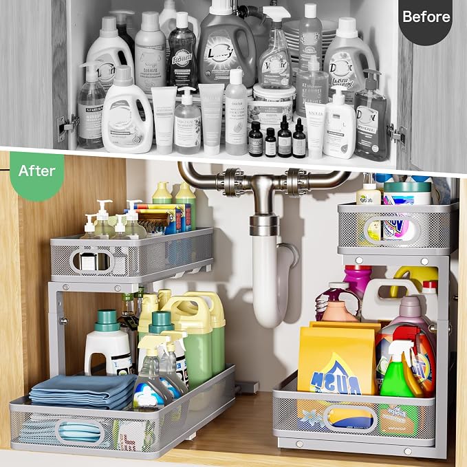 Under Sink Organizer 2 Pack, High Adjustable 2 Tier Under Sink Organizers and Storage, Slide out Metal Cabinet Organizers, Pull out Storage Drawer Shelf for Kitchen Bathroom Cabinet