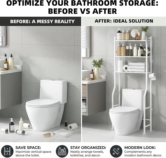 GloTika 3-Tier Over Toilet Storage with Anti-Tilt Safety System - 150lb Total Capacity Metal Bathroom Shelves Including Paper Holder & 4 Hooks, Space Saving Above Commode Organizer (64" H, White)
