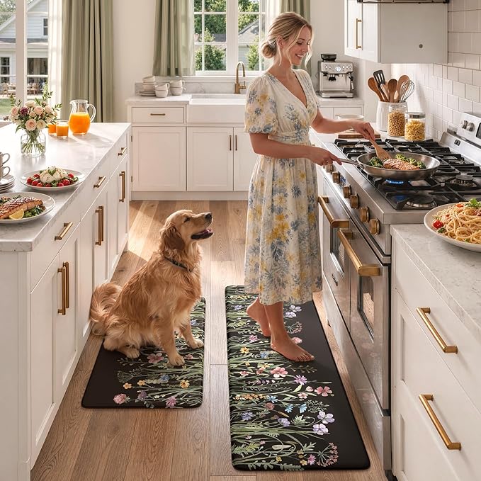 KIMODE Anti Fatigue Mats for Kitchen Floor 17"x47"+17"x29", Farmhouse Floral Kitchen Rugs Sets of 2, Cushioned Kitchen Floor Mats, Non Slip Standing Mat for Sink, Laundry, Office, Desk Black