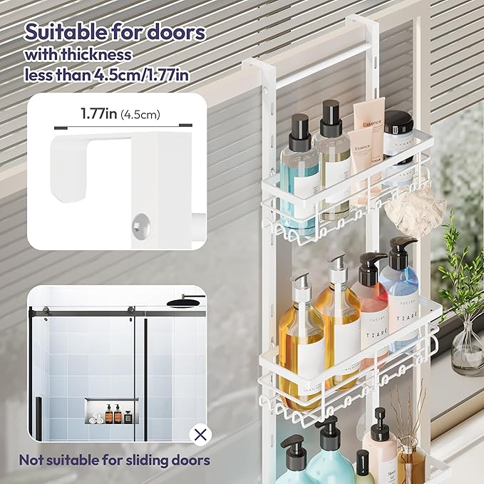 SWTYMIKI Over The Door Shower Caddy - 4 Tier Rustproof Hanging Shower Organizer with Adjustable Shelves, 40 Hooks & Soap Holder, Hanging Shower Rack Storage for Bathroom Accessories, White