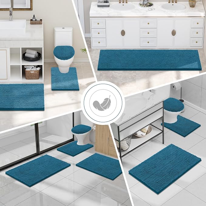 Smiry Luxury Chenille Bathroom Rugs 30x20, Extra Soft and Absorbent Shaggy Bath Mat, Machine Washable, Non-Slip Plush Carpet Runner for Tub, Shower, and Floor, Home Decor Accessories, Peacock Blue