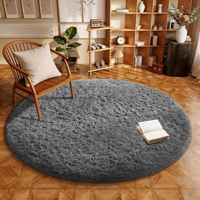Ophanie Round Rug 5Ft Grey Circle Area Rugs, Fluffy Fuzzy Bedroom Carpet 5 Foot, Plush Shag Indoor Floor Gray Living Room Christmas Circular Aesthetic Decor for Kids Teen Boys Baby,Nursery, Classroom