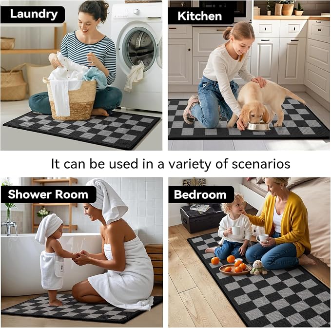YDKGL Kitchen Mats for Floor Kitchen Rugs Non Slip Washable, Super Absorbent Linen-Look Woven Runner Rug, Kitchen Sink Mat Standing Mat, Black Gray Checkered 17"x47"