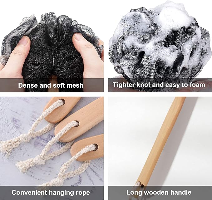 Loofah with Handle - Back Scrubber & Exfoliating Shower Sponge, PE Soft Mesh on a Wooden Stick for Men and Women(Black)