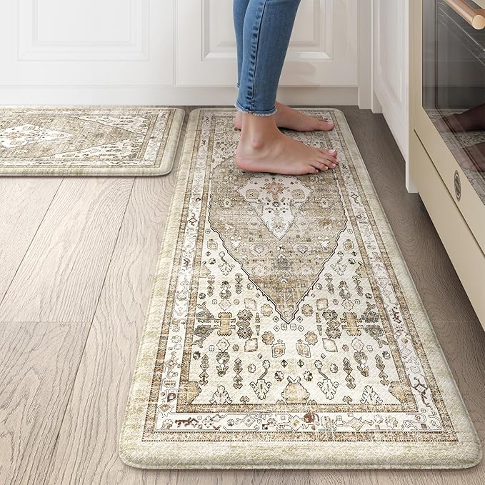 Collive Boho Kitchen Mats for Floor 2 Piece, Cushioned Anti Fatigue Kitchen Mat Non-Skid Waterproof Under Sink Rug, Taupe Comfort Standing Desk Mat for Office, Home & Kitchen, 17.3"x29"+17.3"x47"