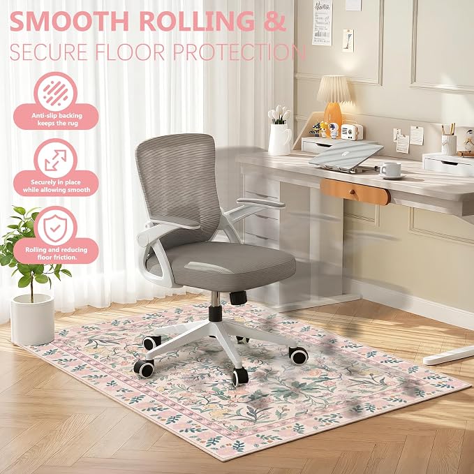Office Chair Mat for Hardwood Floor & Tile Floor,36"x48" Heavy Duty Desk Chair Mat for Hard Floors, Under Desk Rug for Rolling Computer Chair,Anti Slip,Low Pile Carpet Floor-Pink Flowers