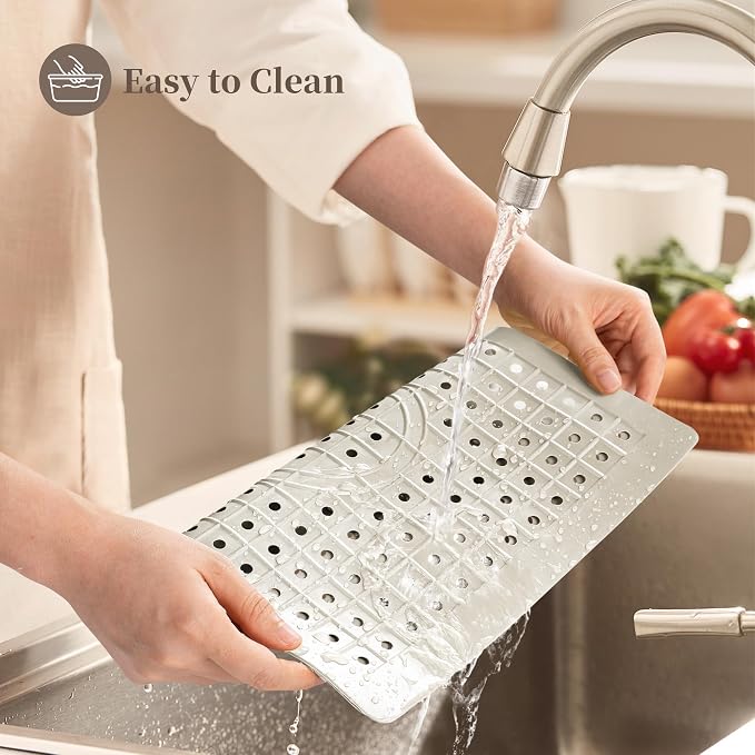 WILLKOMMEN 2 Pack Kitchen Sink Mat, 12'' x 10"" Dish Drying Mat for kitchen Counter, Durable Rubber Dish Draining Mat, Grid Sink Mat,Square Black & Cream White