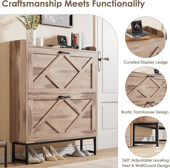 Nicetree Shoe Cabinet with 2 Flip Drawers，Freestanding Shoe Storage Cabinet, Narrow Shoe Organizer Cabinet, Farmhouse Slim Shoe Rack Cabinet for Entryway,Toasted Oak
