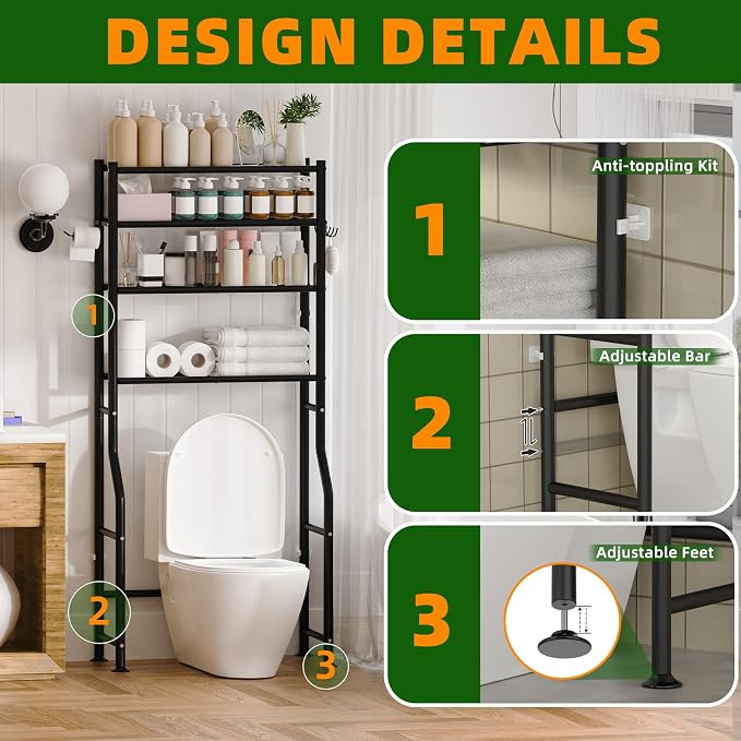 GloTika 4-Tier Over Toilet Storage with Anti-Tilt Safety System - 150lb Total Capacity Metal Bathroom Shelves Including Paper Holder & 4 Hooks, Space Saving Above Commode Organizer (64" H, Black)