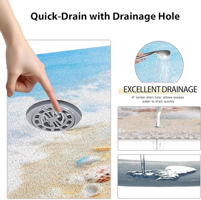 Square Shower Mat, Yonala 24 x 24 Inch Stylish Non Slip Shower Mats for Inside Shower with Central Drain Hole, Soft Trimmable PVC Loofah Anti Slip Shower Mat for Walk in Shower Stall, Quick Drying