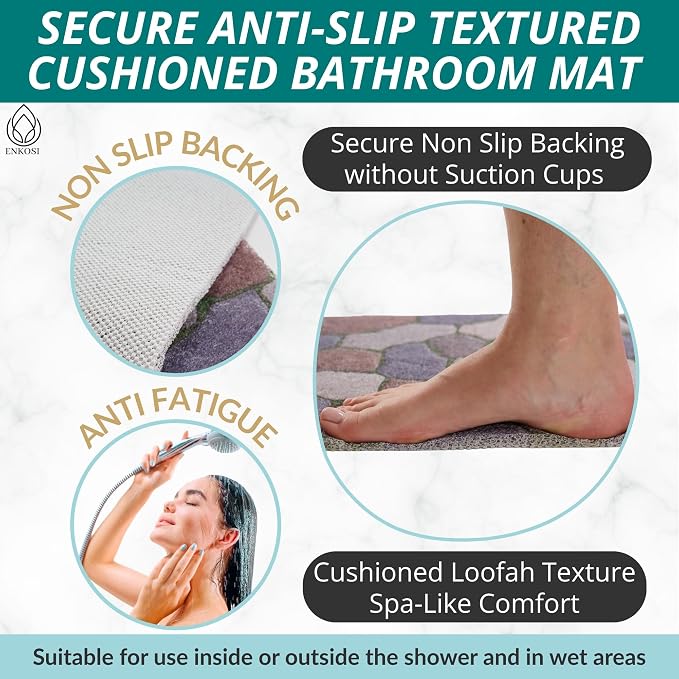 Anti Slip Shower Mat Square - Non Slip Shower Mats for Inside Shower - 24x24 Shower Floor Mat Non Slip - Square Bath Mat for Shower - Secure Loofah Shower Mat No Suction Cups (24x24 Stone Path)