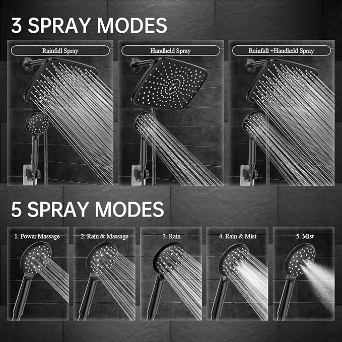 Veken 11.8 Inch Rectangle Rain Shower Head - Showerheads with 6 Modes Handheld Spray Combo - Wide Rainfall shower with 70" Hose - 1.8gpm Dual Showerhead with Anti-Clog Nozzles - Matte Black
