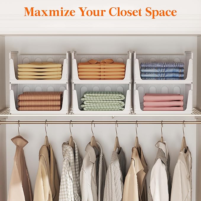 Lifewit 6 Pack Stackable Closet Organizers and Storage Basket for Clothes, Plastic Sweater Storage Bins for Wardrobe, Multifunctional Pants Organizer for RV, Pantry, Kitchen, Dorm, 16.5" Depth