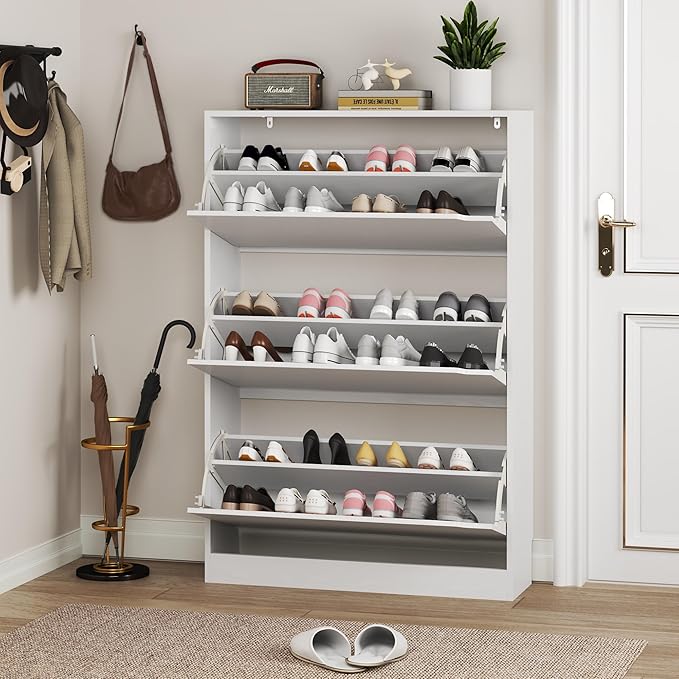 BORNOON Shoe Cabinet with 3 Flip Drawers, Hidden Wood Shoe Cabinet,Freestanding Shoe Storage Cabinet for Entryway Hallway.White. 47.2" H*31.5" W*9.45" D.