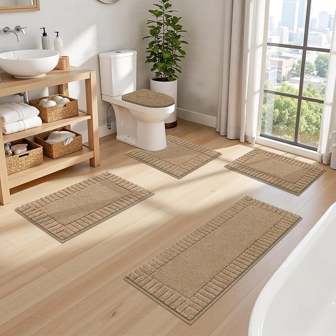 Pauwer Bathroom Rugs Set 5 Piece Non Slip Washable Bath Mat Set with U Shaped Contour Toilet Rugs Plush Absorbent Microfiber Shower Mat and Toilet Lid Cover for Bathroom, Khaki