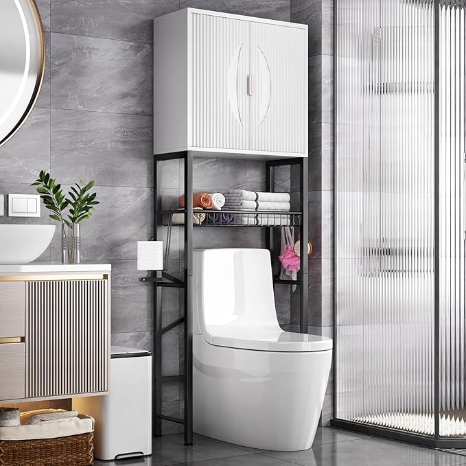 Kalrin Over The Toilet Storage Cabinet with Fluted Wave Doors and Adjustable Shelf, Wood Over Toilet Storage Rack with Drain Basket, Freestanding Bathroom Organizer for Balcony Laundry, White & Black
