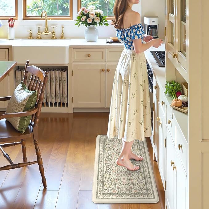 KIMODE Anti Fatigue Kitchen Mats for Floor, Boho Farmhouse Kitchen Rugs 20"x39", Non Slip Kitchen Mats for Floor, Padded Kitchen Floor Mats, Beige Rugs for Kitchen Floor Sink Laundry Office