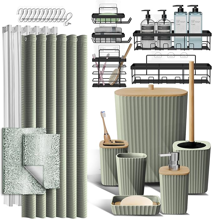 Clara Clark Bathroom Accessories Set - 27PC Bathroom Set with Adhesive Corner Shower Caddy Hanging, Bathroom Sets with Shower Curtain and Rugs, Ombre Sage Green Shower Curtain Set with Trash Can