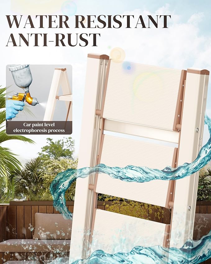 4 Step Ladder, Folding Step Stool with Wider Pedal, Anti-Slip Feet & Non Slip Stripes, Aluminum Sturdy Material, 300Lbs Capacity, Elegant Look of Cream Chocolate Better Matches Your Home
