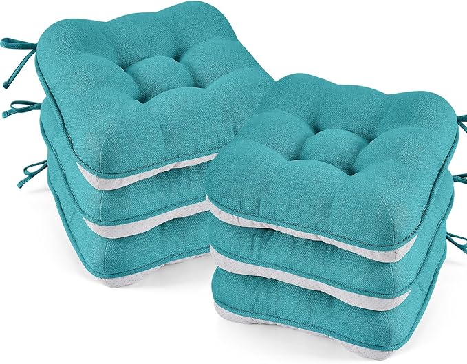 BETU Chair Cushions for Dining Chairs Set of 6,3.5" Thick Kitchen Table Chair Pads with Ties,Non Slip Backing and Covers, Seat Cushion for Dining Room,Bar,Patio Chairs,15.5"X15.5"X3.5",Teal