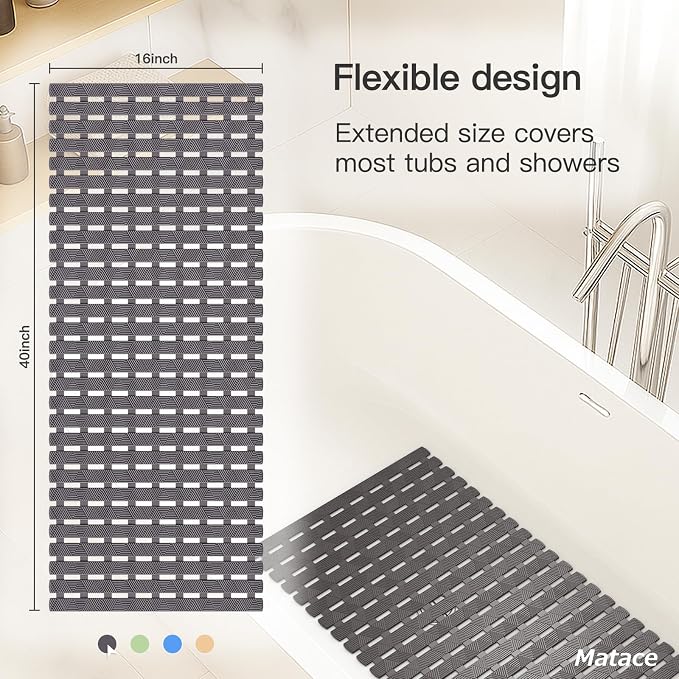 Bathtub Mat Non Slip - for Inside Bath Tub & Shower, Large 40x16 Inch, 261 Strong Suction Cups, Soft Textured Surface, Fast Drain & Quick Dry, Bathroom Safety Mat, Dark Gray, Matace