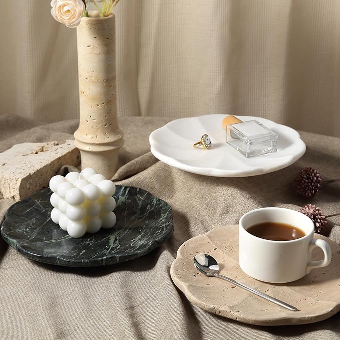 Koville Marble Tray, 8" Round Scalloped Marble Vanity Tray for Jewelry Trinket Perfume, Natural Stone Tray for Bathroom Kitchen Dresser Countertop, Decorative Catchall Tray Home Decor(White)