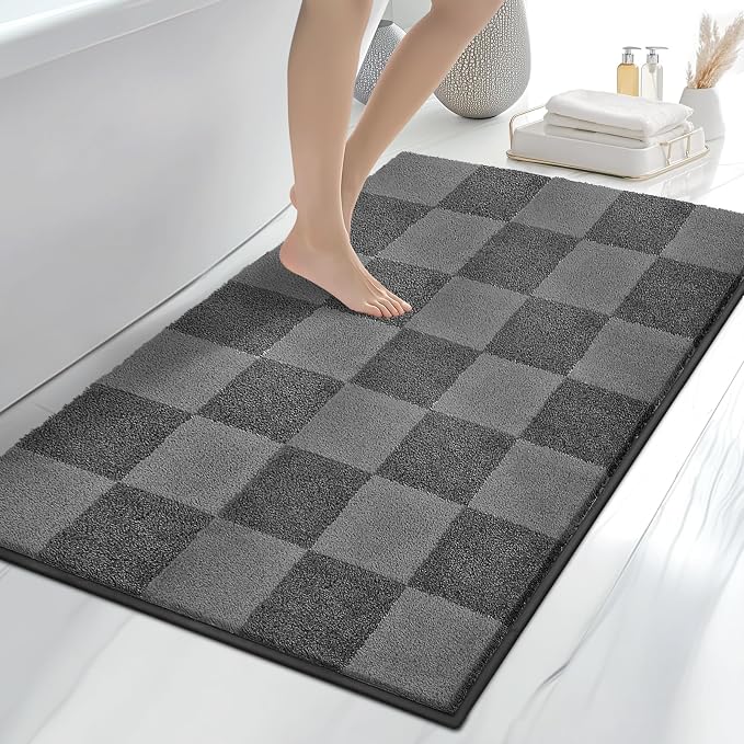 anllugs Bathroom Rugs 30" x 46", Non-Slip Extra Soft Absorbent Bath Rugs, Machine Washable Quick Dry Bath Mats for Bathroom Floor, Shower, Bathtub and Sink, Checkered Grey & Dark Grey