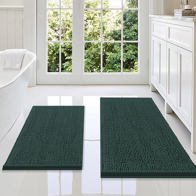 Smiry Bathroom Rugs Sets 2 Piece, Soft Absorbent Chenille Machine Washable Non Slip Shaggy Bath Rug Set for Tub, Shower, and Floor (36x24+30x20, Green)