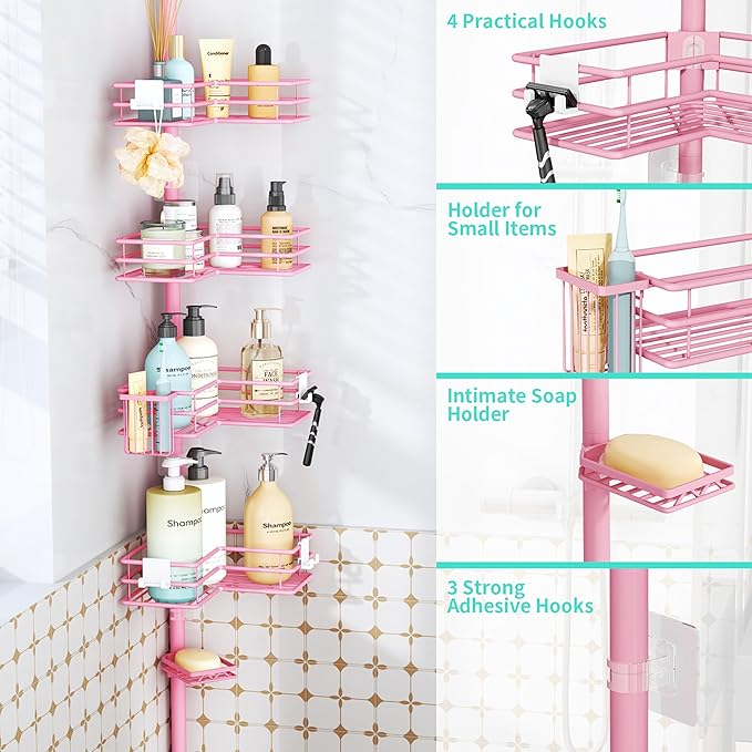 HapiRm Corner Shower Caddy Organizer - Shower Organizer Corner with Soap Holder, Toothbrush Holder and 4 Hooks, Rustproof Bathroom Shelf Tension Pole Available for 27.6 to 108.3 Inch - Pink