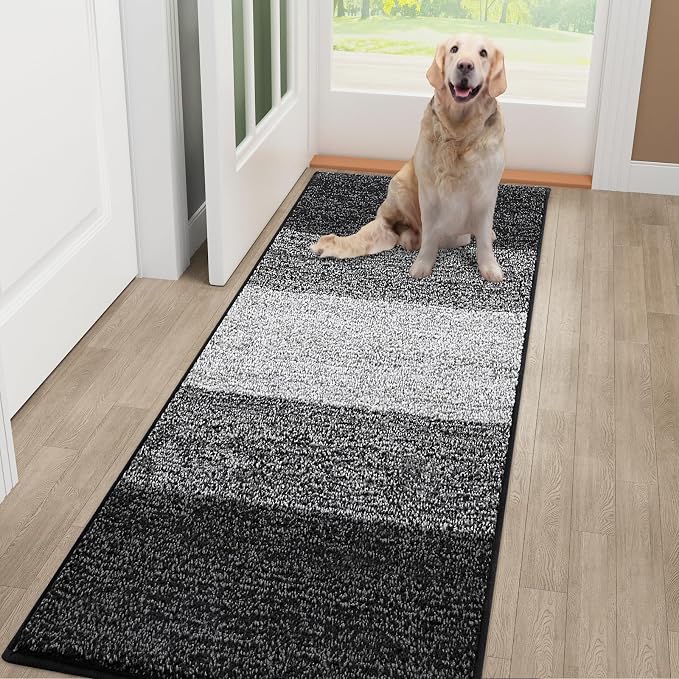 Smiry Dog Door Mat for Muddy Paws, Absorbs Moisture and Dirt, Low-Profile Entryway Mat with Non-Slip Backing, Entry Indoor Outdoor Doormat for Inside Floor (48x32 Inches, Black, Striped)