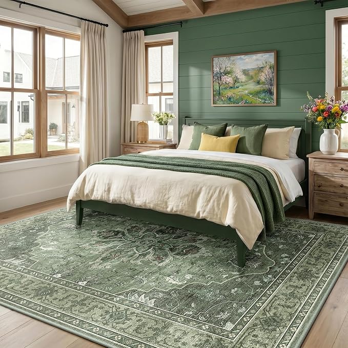 RELEANY Area Rugs Large 10'x12' Washable Non-Slip, Floral Vintage Distress Medallion Carpet for Living Room Bedroom Dining Room, Dark Green Gray