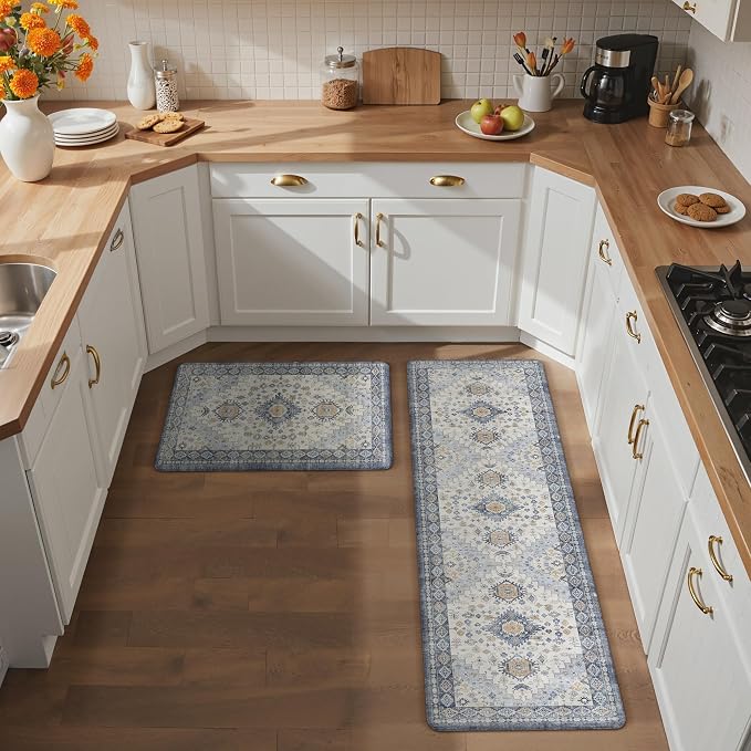 GENIMO Kitchen Mats for Floor, 2PCS Kitchen Rugs Non Slip Washable, Waterproof Anti Fatigue Mat, Comfort Standing Runner Rug for Sink, Office, Laundry, Home, 17.3"x59"+17.3"x30", Muted Blue