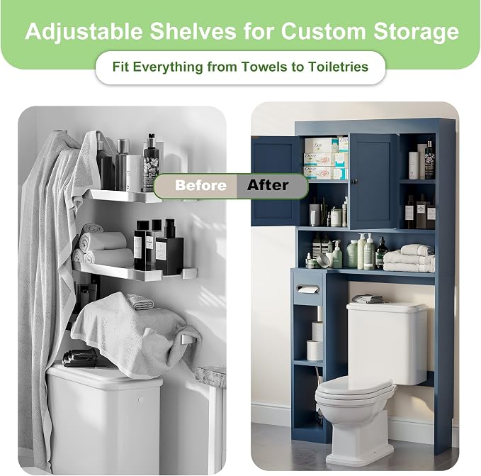 Over The Toilet Storage Cabinet with 7 Shelves, Imitation Walnut Grain Above Toilet Bathroom Organizer with Toilet Paper Holder Stand, Space Saver for Restroom, Laundry, Bathroom (Navy Blue)